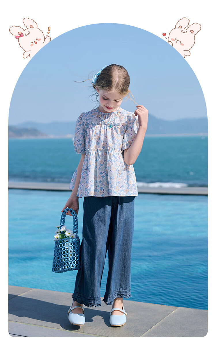 CHANZUIGOU Girls' Floral Doll Collar Shirt 2026 Summer New Pure Cotton Sweet Shirt 17
